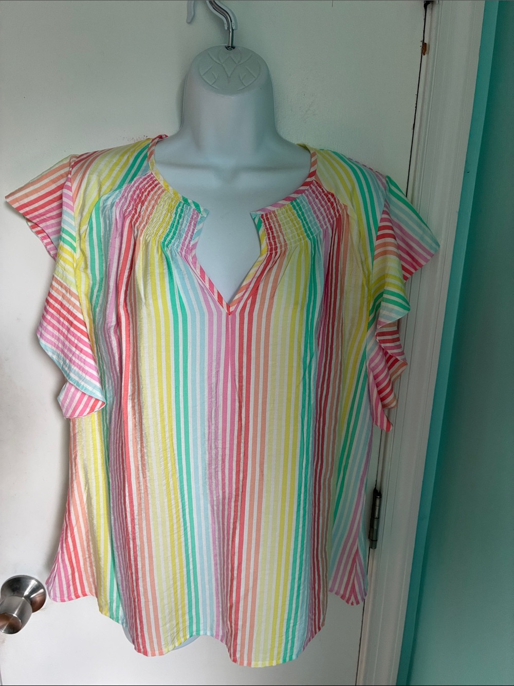 Michelle McDowell Multi-Stripe Ruffle Sleeve Blouse  NWT